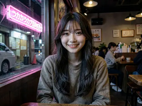画像静止AIで作成した夜にカフェの椅子に座っている女性の画像