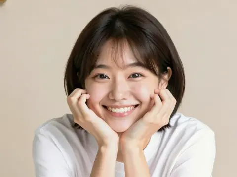 画像生成AIで作成した、頬杖をついて笑顔でこちらを見ている女性の画像