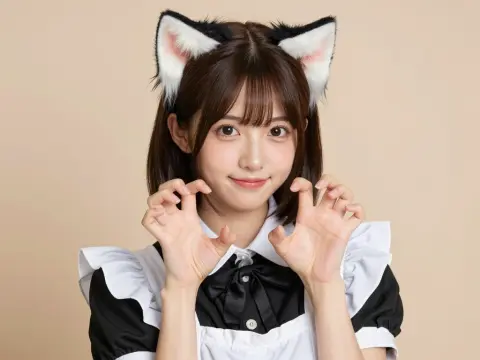 画像生成AIで作成した、メイドさんが猫耳をつけてカオーのポーズをしている女性の画像